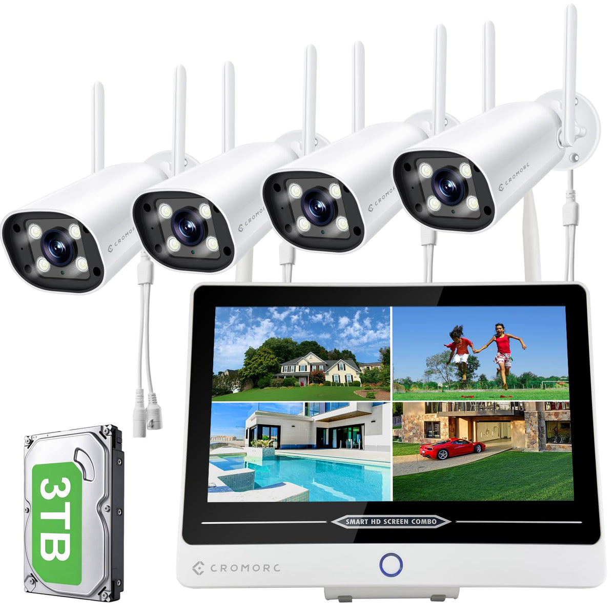 Expandable Wireless Security Camera System 12" Screen 4PCS Cameras