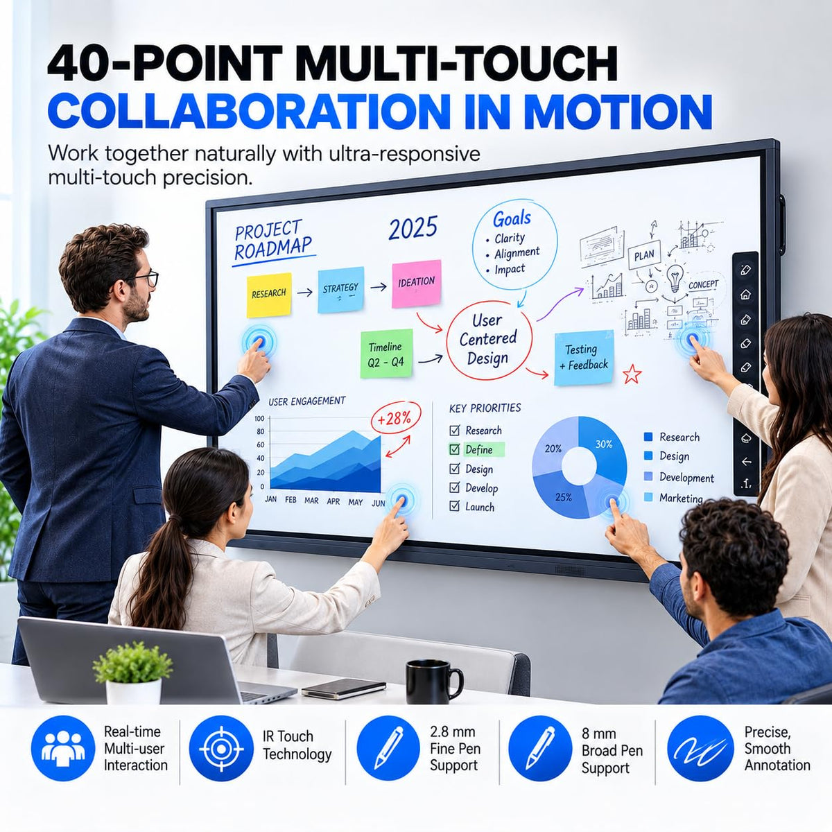 Pluss 55 Inch AI Smart Board, Google Enabled 4K UHD Interactive Whiteboard, Android 14, 8GB RAM, 128GB Storage, Multi-Touch Digital Display for Classroom, Teaching and Office