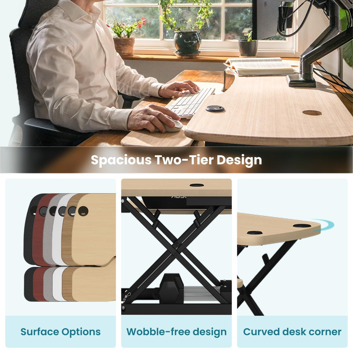 PowerPro 40 Inch Electric Standing Desk Converter – Push-Button Height Adjustable Sit to Stand Desk Riser for Triple Monitors & Laptop – Motorized Desktop Workstation with Wide Keyboard Tray