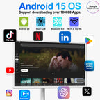 32-Inch FHD Smart Portable TV, Rolling TV on Wheels, Built-in Battery, Android 15 OS, Touch Screen Monitor, 6GB RAM + 128GB Storage, 8MP Camera, Full Swivel Rotation, Voice Remote