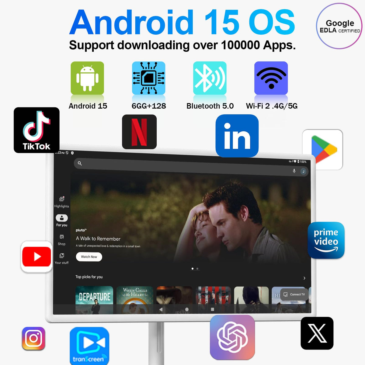 32-Inch FHD Smart Portable TV, Rolling TV on Wheels, Built-in Battery, Android 15 OS, Touch Screen Monitor, 6GB RAM + 128GB Storage, 8MP Camera, Full Swivel Rotation, Voice Remote