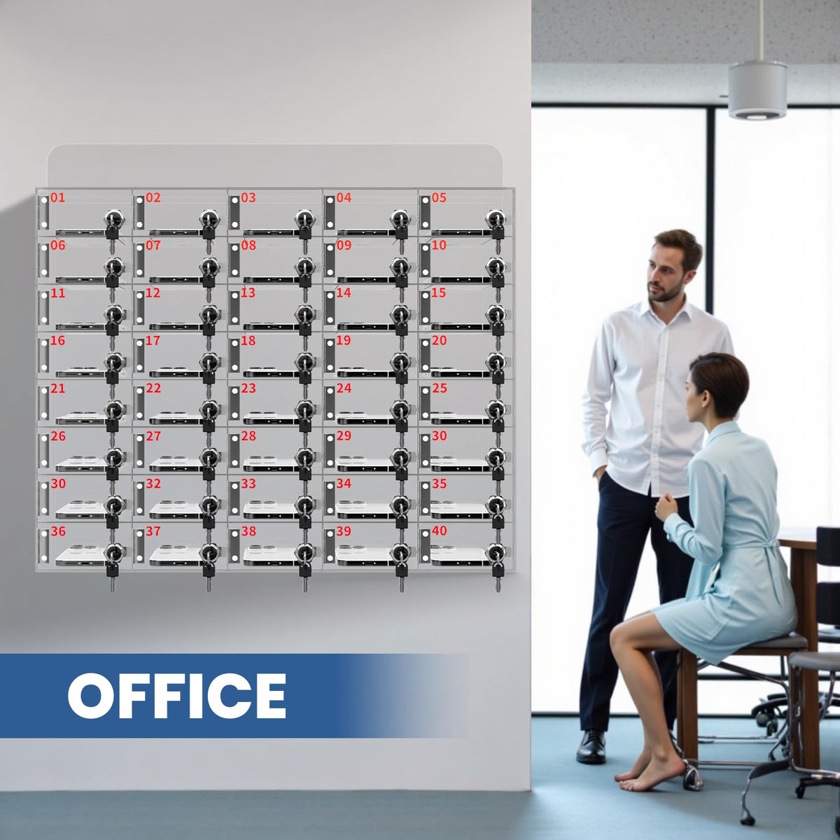 Cell Phone Locker 100 Slots, Wall-Mounted Cell Phone Lock Box with Keys, Acrylic Cell Phone Storage Locker for Employees Office Classroom Gym, Clear Cell Phone Locker Cabinet for Storage (40 Slots)