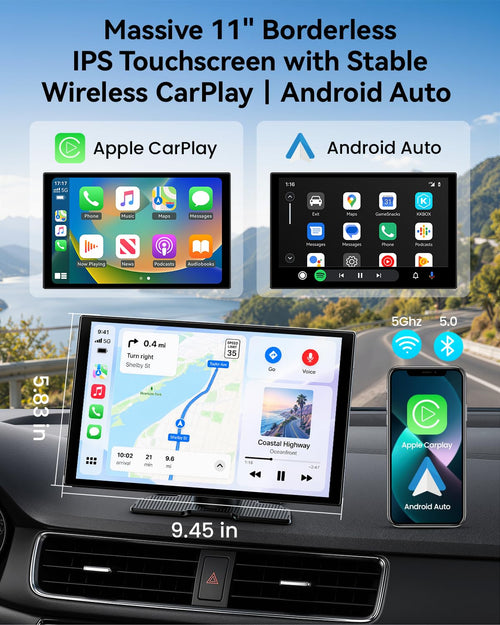 11'' Wireless CarPlay Screen with 4K Dash Cam, HD Touchscreen