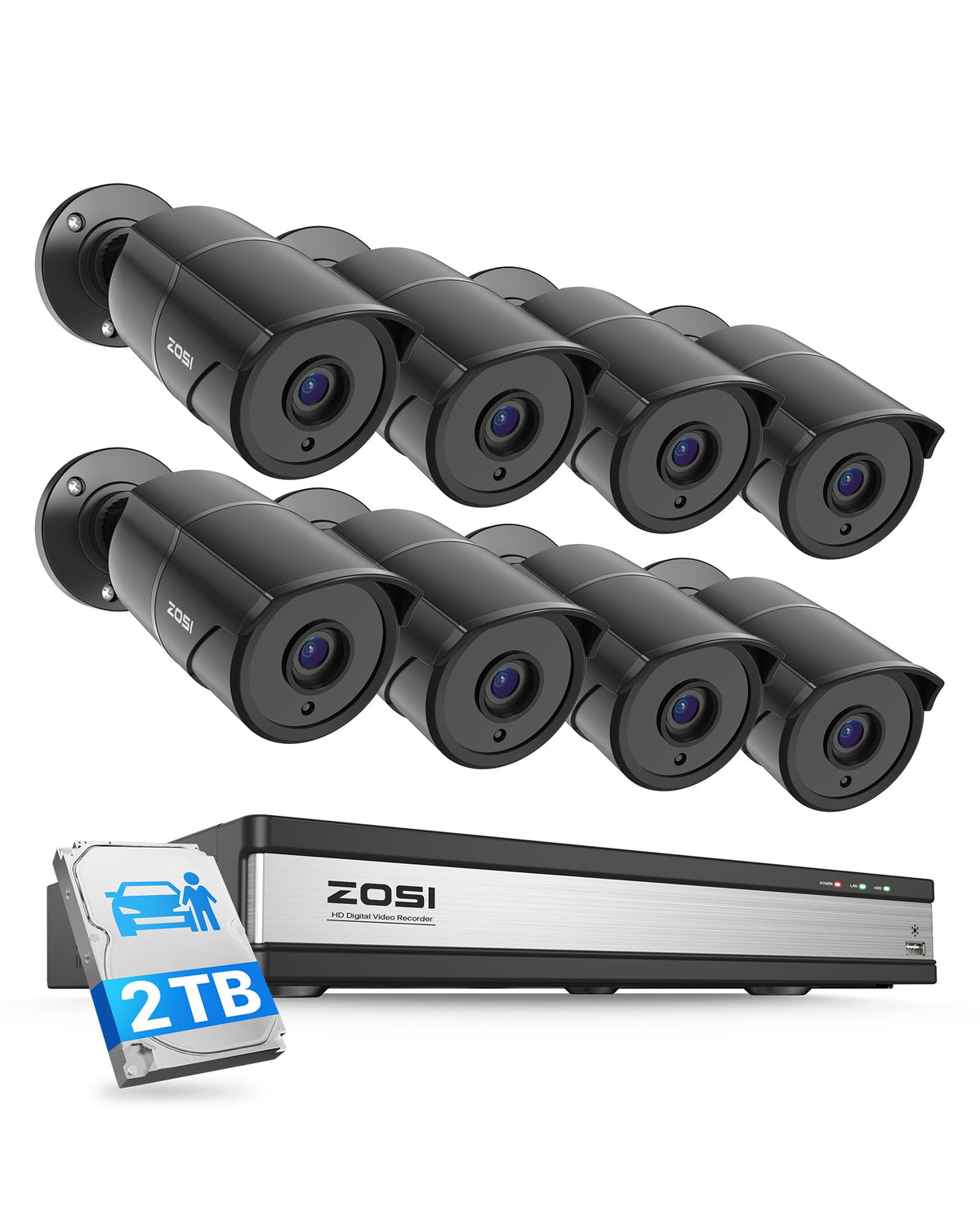 ZOSI 16CH 3K Lite Security Camera System with Audio, AI Human/Vehicle Detection, Night Vision, 8 x 1080P Metal Weatherproof Wired Cameras, 16 Channel Surveillance DVR with 2TB HDD for 24/7 Recording