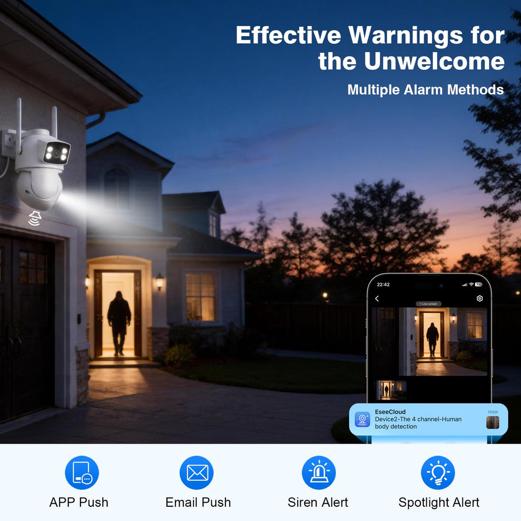 Expandable 10CH NVR Wireless Security System 10.1" Monitor, 4 Dual Lens PTZ 4MP Camera, Humanoid Motion Detection, Spotlight, Siren Alarm, 2-Way Audio, in/Outdoor, 1TB HDD, Color Night Vision