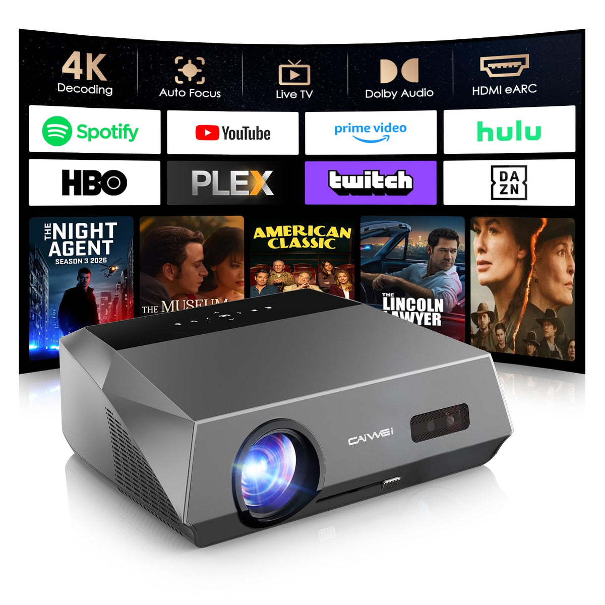 4K HDR Portable Projector with Smart Live TV & WiFi6, 30W Dolby Audio