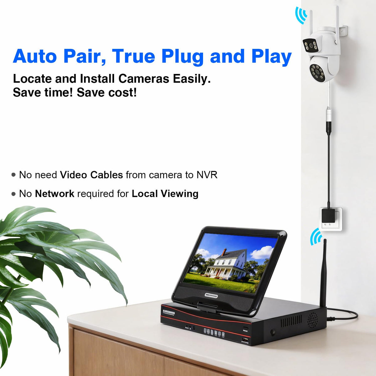 Expandable 10CH NVR Wireless Security System 10.1" Monitor, 4 Dual Lens PTZ 4MP Camera, Humanoid Motion Detection, Spotlight, Siren Alarm, 2-Way Audio, in/Outdoor, 1TB HDD, Color Night Vision