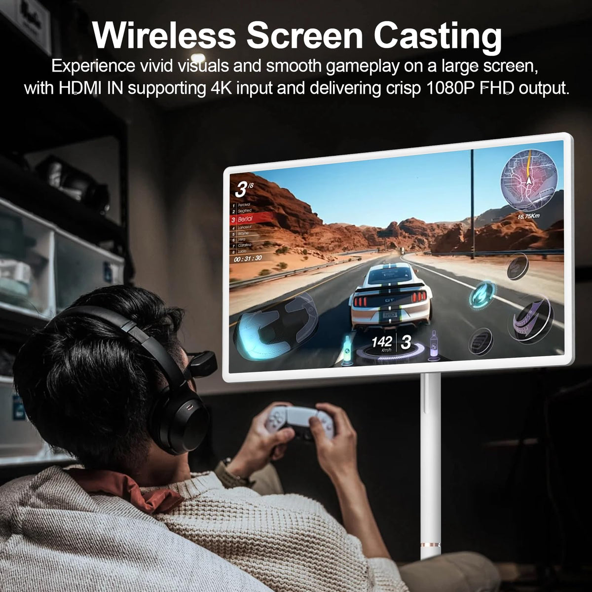 32-Inch FHD Smart Portable TV, Rolling TV on Wheels, Built-in Battery, Android 15 OS, Touch Screen Monitor, 6GB RAM + 128GB Storage, 8MP Camera, Full Swivel Rotation, Voice Remote