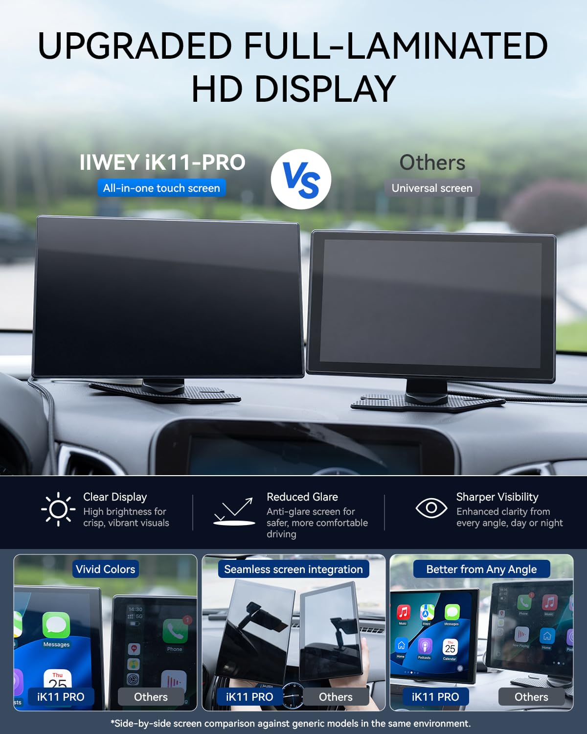 11'' Wireless CarPlay Screen with 4K Dash Cam, HD Touchscreen