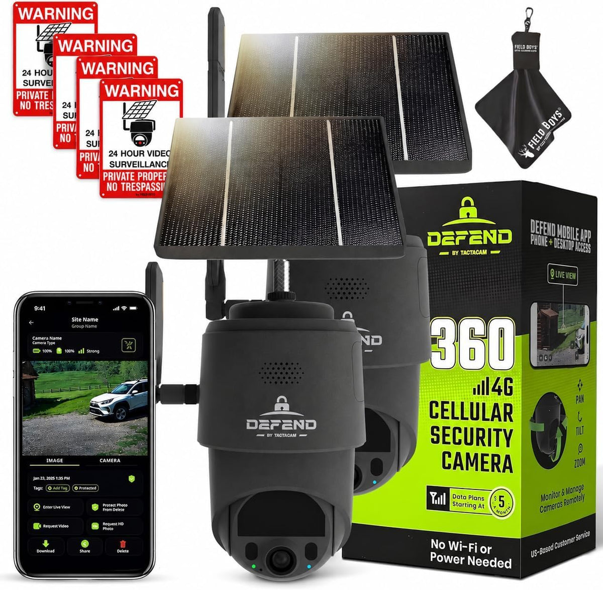 TACTACAM – Defend 360 Cellular Security Camera, 4K Photos, 1080p Video, Solar + Rechargeable Battery, 360° Pan/Tilt/Zoom, LTE Cellular, Motion Alerts, Weather Resistant Includes Warning Signs (2PK)