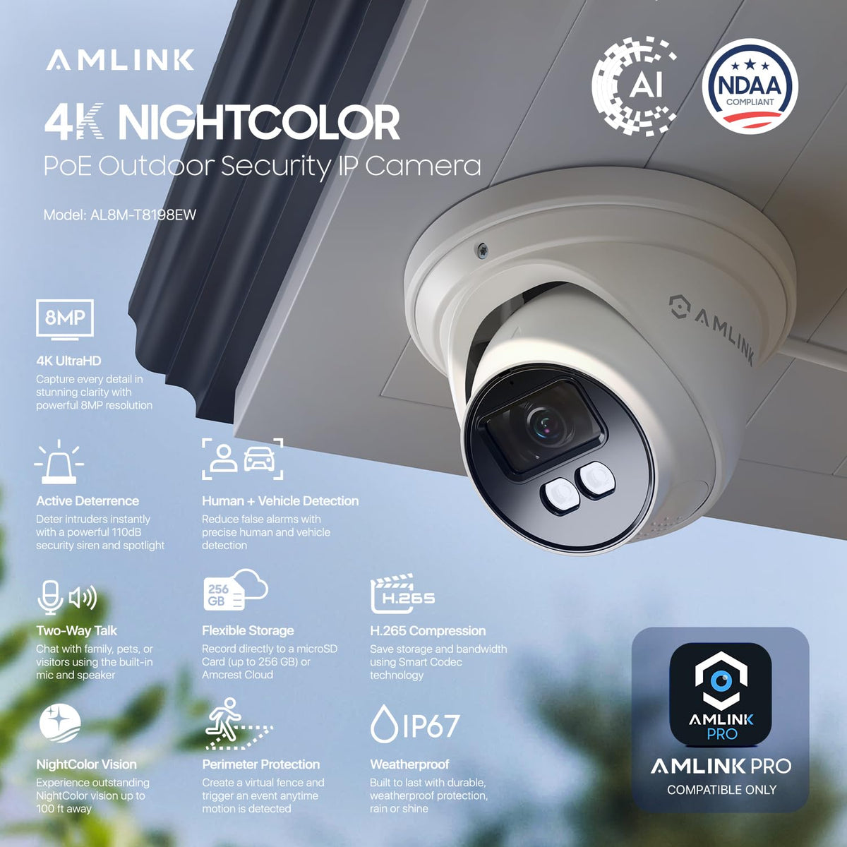 AMLINK 2-Pack 4K/8MP Security AI IP PoE Camera, Human/Vehicle Detection, NDAA Compliant, Indoor Outdoor Surveillance Turret, 2-Way Audio, Support 256GB MicroSD, Deterrent, 2PACK-AL8M-T8198EW