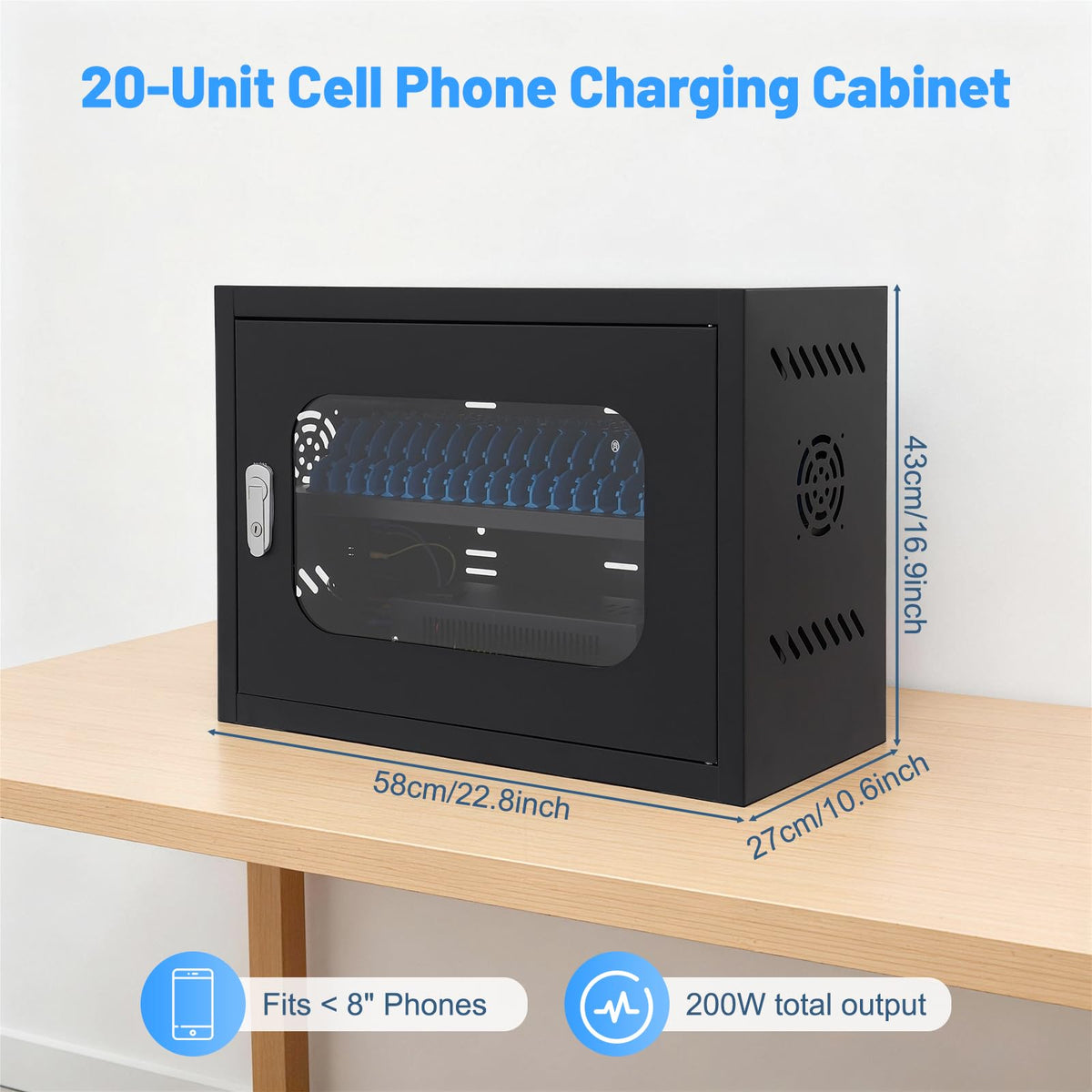 20-Unit Charging Cabinet for Cell Phone, Steel Case Charging Station Fits 8" Cell Phones, Cellphone Charging Storage Box with Lock&2 Keys for Classrooms, Offices & Library, Black