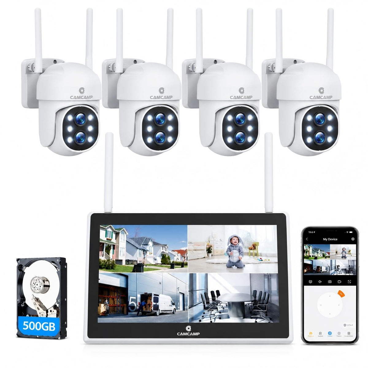 Camcamp Wireless Security Camera System with Monitor, 4 PTZ Outdoor Cameras