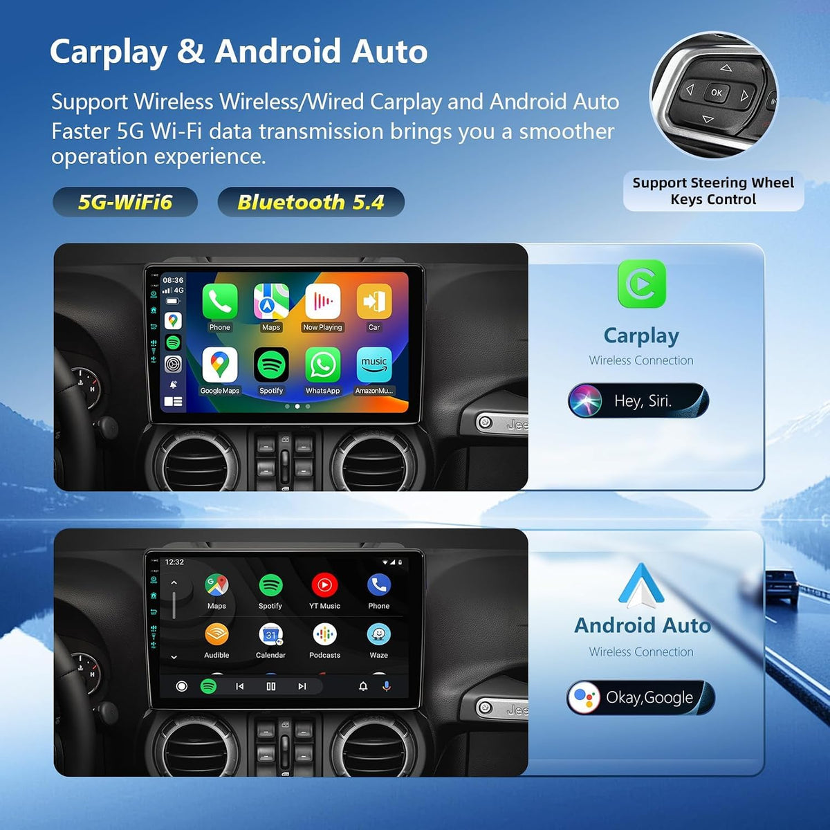 10.2 inch Car Radio Replacement for Jeep Wrangler JK 2007-2018 4GB+64GB Touchscreen Stereo with Wireless CarPlay Android Auto - 1080P Backup Camera GPS Navigation