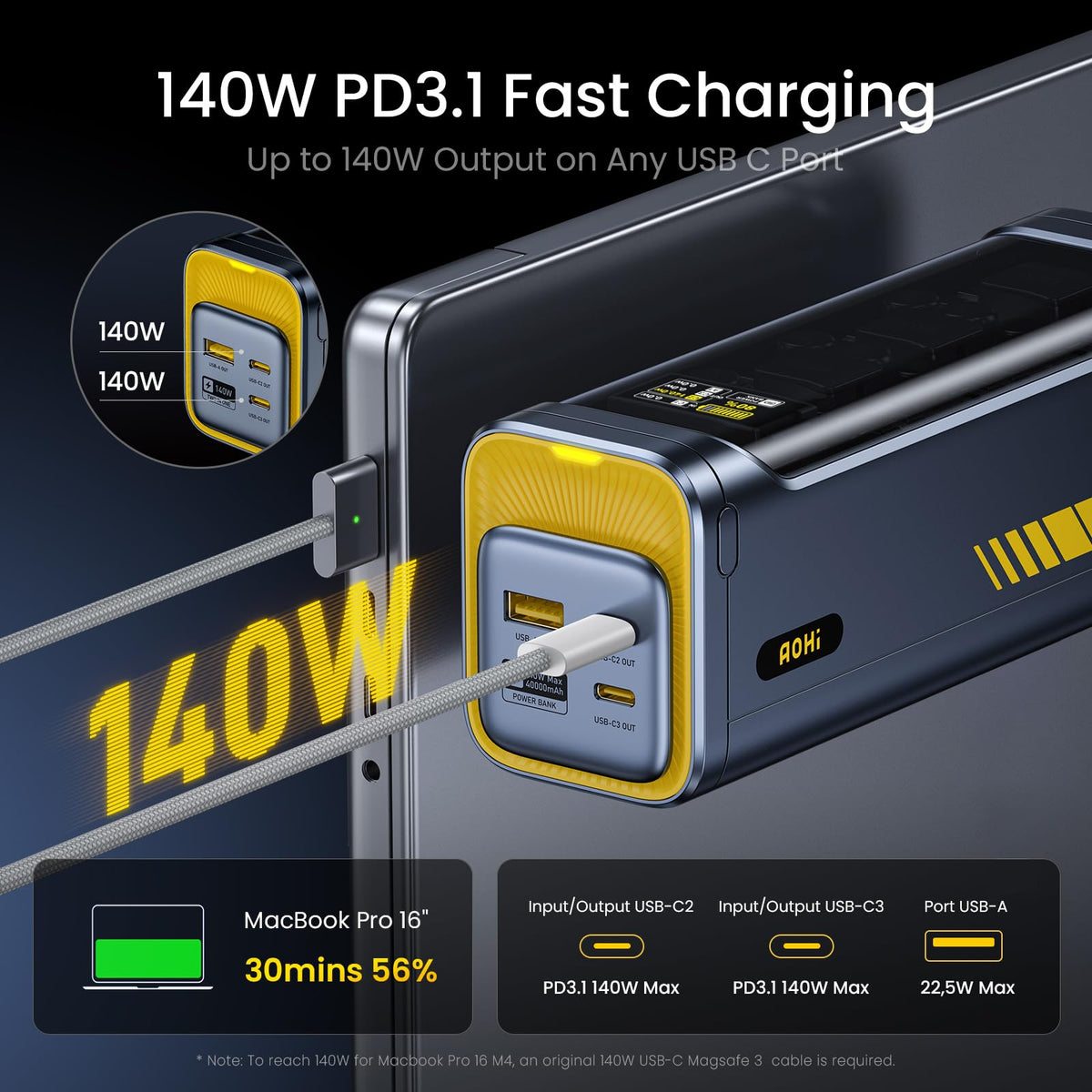 AOHI 40000mAh 140W PD3.1 Laptop Power Bank, 2-in-1 Fast Charging Station