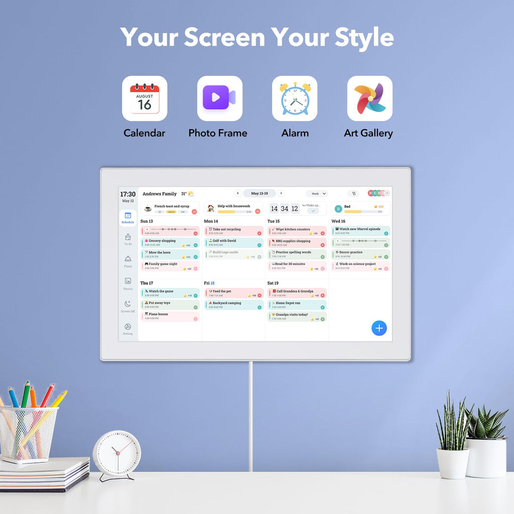 Digital Calendar Wall Touch Screen, 21.5IN Smart Electronic Wall Planner with Interactive Chore Chart for Family Schedule Organizer & Photo Frame, No Subscription, Two Way Sync, Wall Desk Mountable