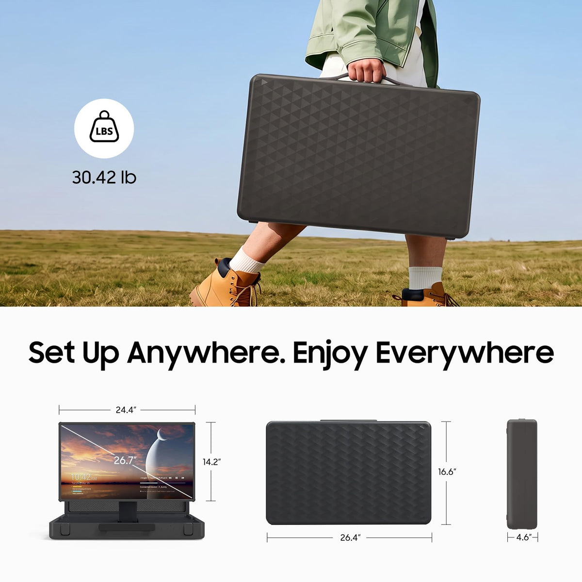 apolosign packgo 27-Inch Portable Entertainment System, Compact Suitcase Design Smart TV, Android OS, Bluetooth 3D Speakers, Built-in Battery 6H, Briefcase Screen Perfect for Travel & Parties (Gray)