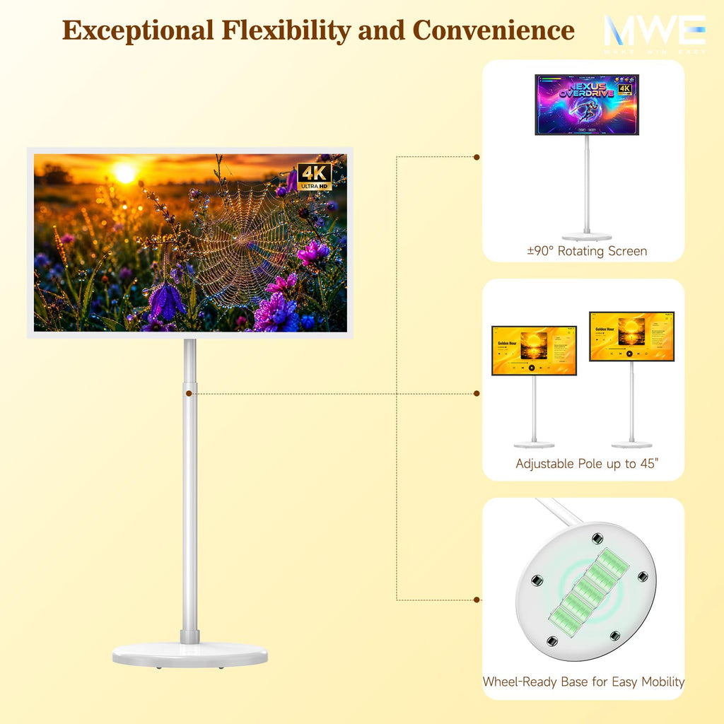 Zarael 43 Inch Smart Portable TV, 4K Touchscreen Display with Built-in 20000mAh Battery, Android 14, 8GB RAM 128GB Storage, WiFi and Bluetooth, for Home Entertainment and Workouts