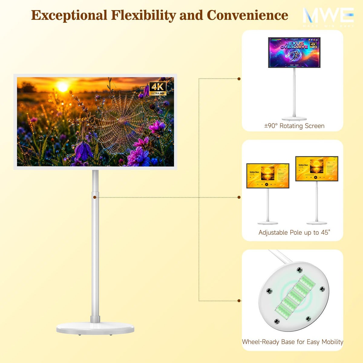 Zarael 43 Inch Smart Portable TV, 4K Touchscreen Display with Built-in 20000mAh Battery, Android 14, 8GB RAM 128GB Storage, WiFi and Bluetooth, for Home Entertainment and Workouts