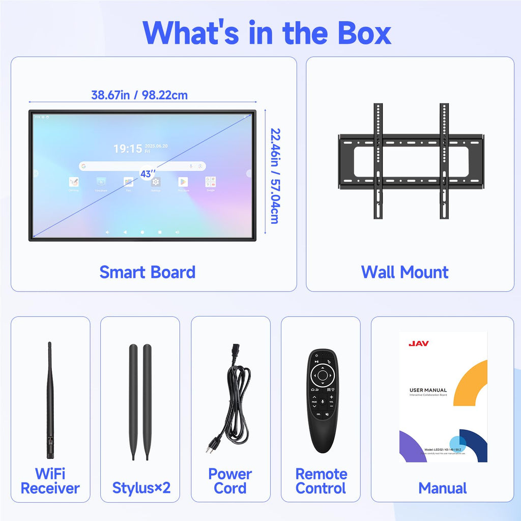 JAV Smart Board 43 Inch, Interactive Whiteboard with Rotating Touchscreen, EDLA Certified, Android 14, Wireless Mirroring for Classroom Teaching, Live Streaming, Office (Wall Mount Included)
