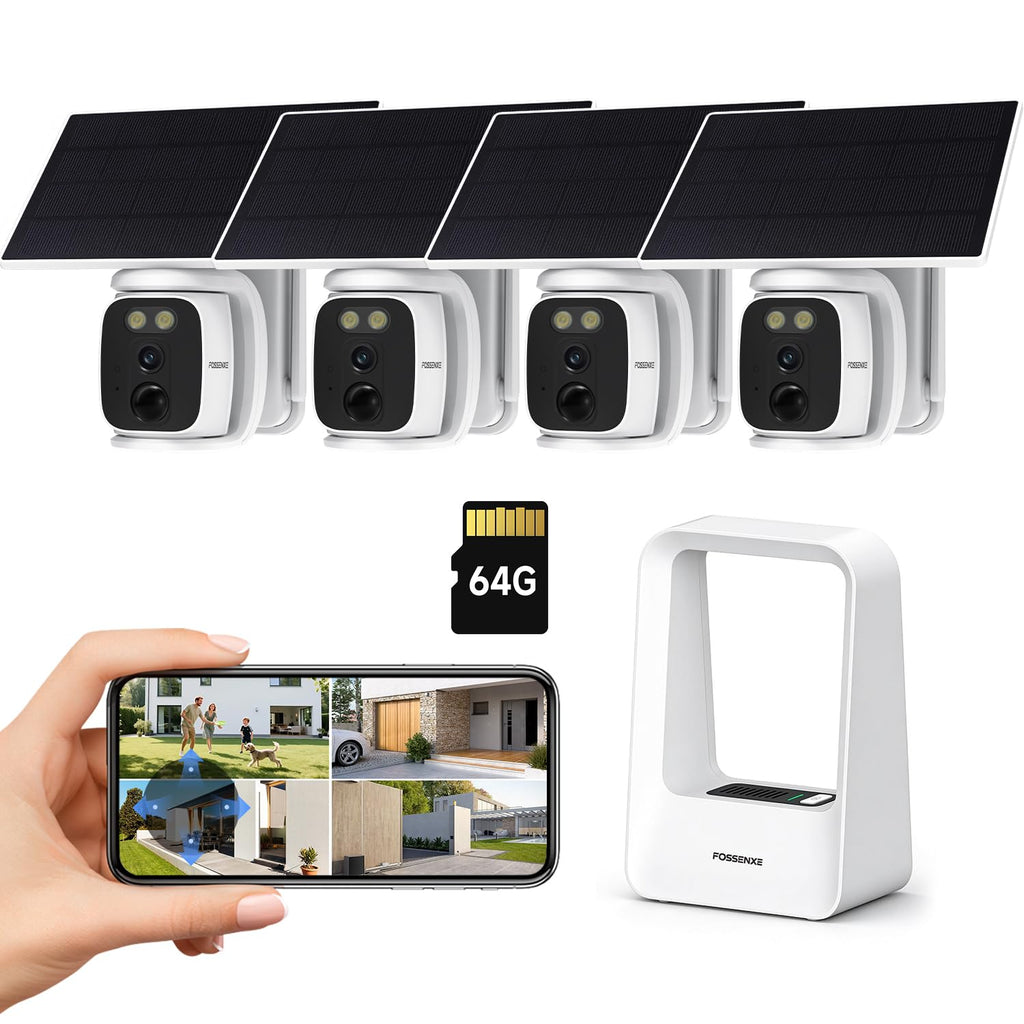 4 Pack Solar Security Cameras Wireless Outdoor, 2K WiFi Camera System with 64GB Local Storage, 360° Home Coverage, Color Night Vision, Human Detection, Two-Way Audio, No Monthly Fees