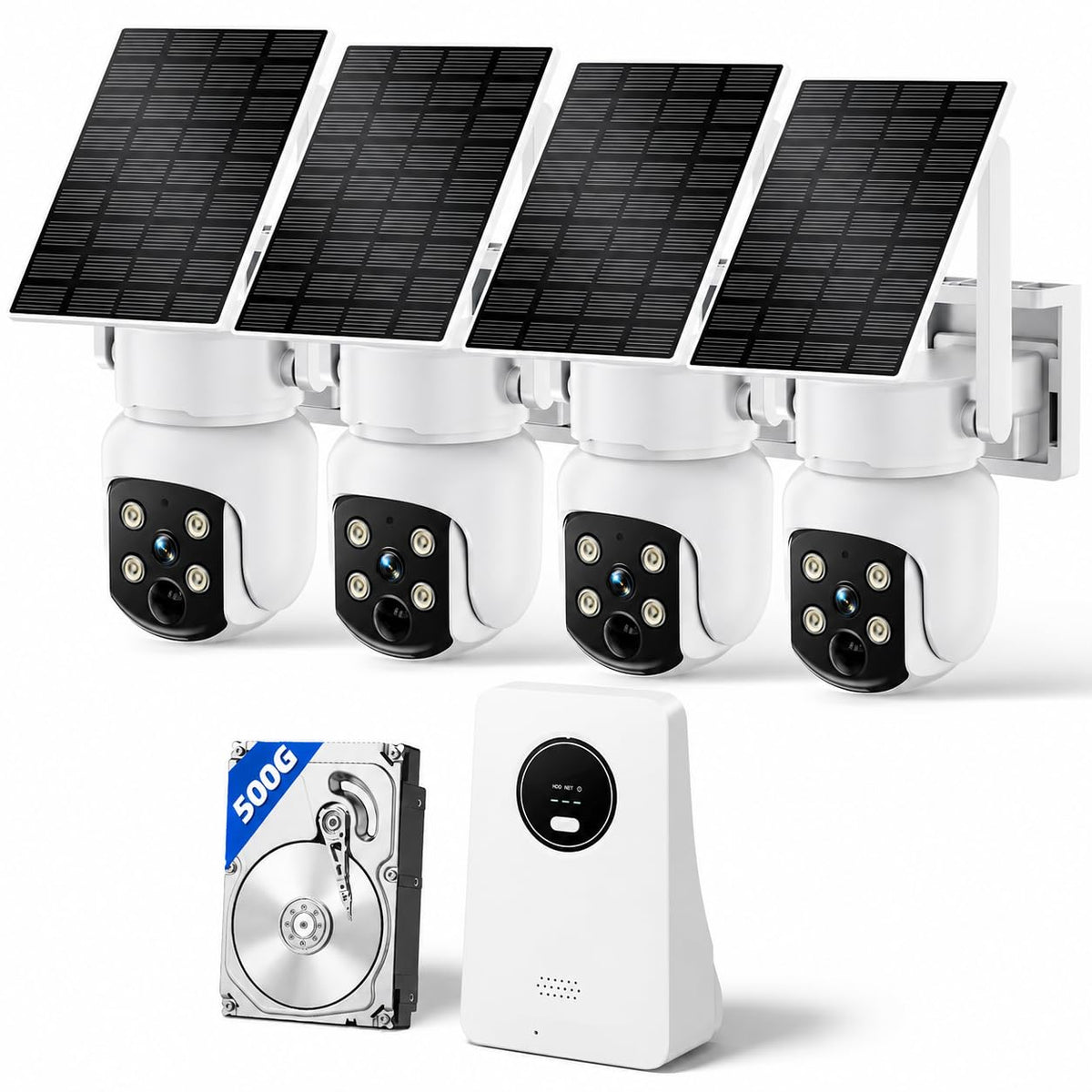 Security Cameras Wireless Outdoor, Classic 4-Cam Kit, Solar Powered | No Subscription Required, 500GB HDD Build-in Storage, 360° PTZ, 4MP Color Night Vision, Easy Install