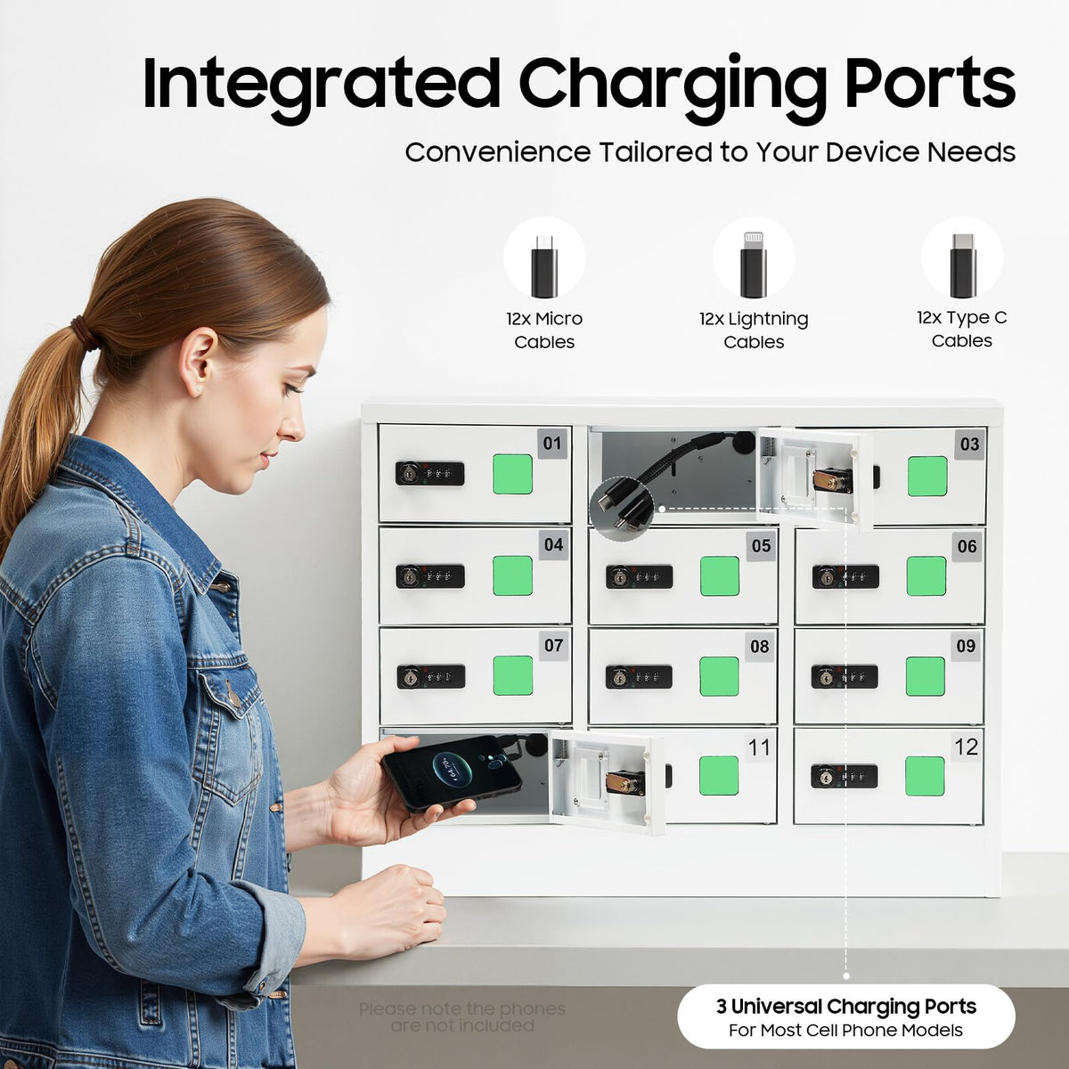 12 Slot Cellphone Charging Station,Cell Phone Locker,Cellphone Charging Cabinet with 3 in 1 Charging Cable Combination Lock QC3.0 Fast Charging for Office Classroom