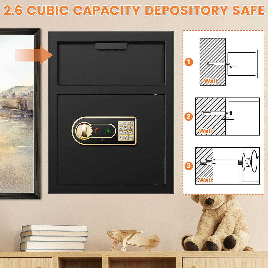 2.3 Cubic Depository Safe with Drop Slot, Electronic Anti-Theft Drop Safe for Business with Programmable Numeric Keypad Lock and Spare Keys, Cash Drop Safe Box for Office Home Retail Store