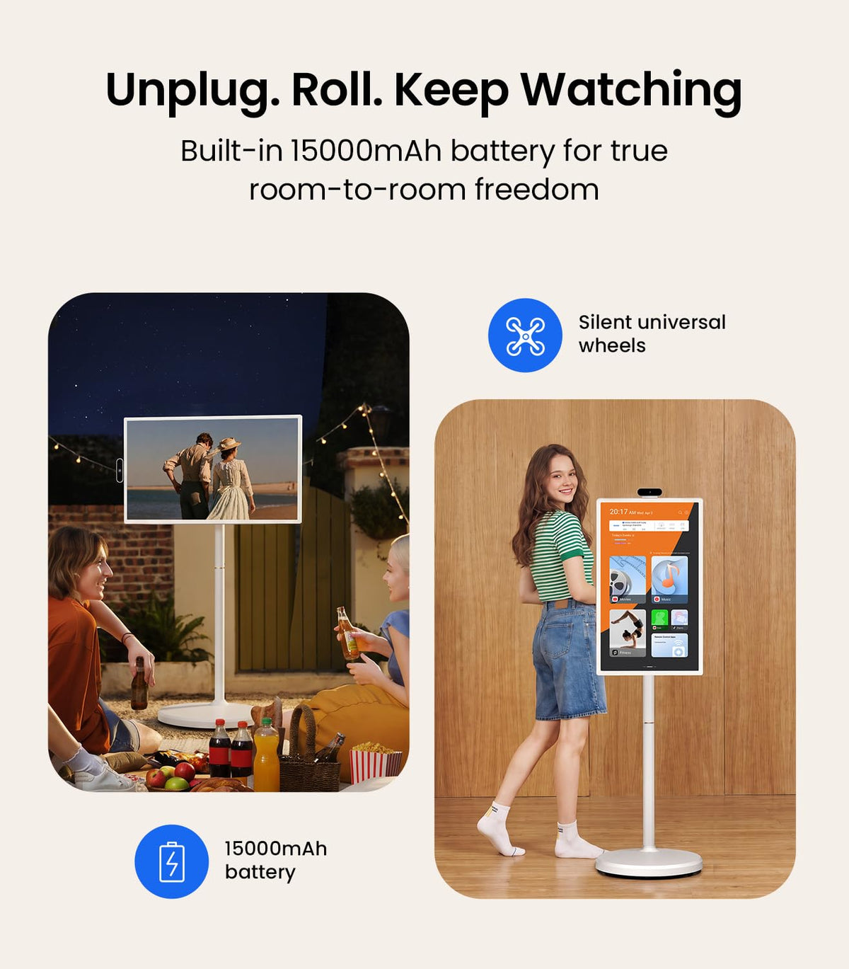 ApoloSign 32 Inch FHD Smart Portable TV on Wheels, Android 16 EDLA Certified, 128GB Storage, Built-in 15000mAh Battery, Voice Remote, Touch Screen TV with Rolling Stand for Home, Office - Gen2