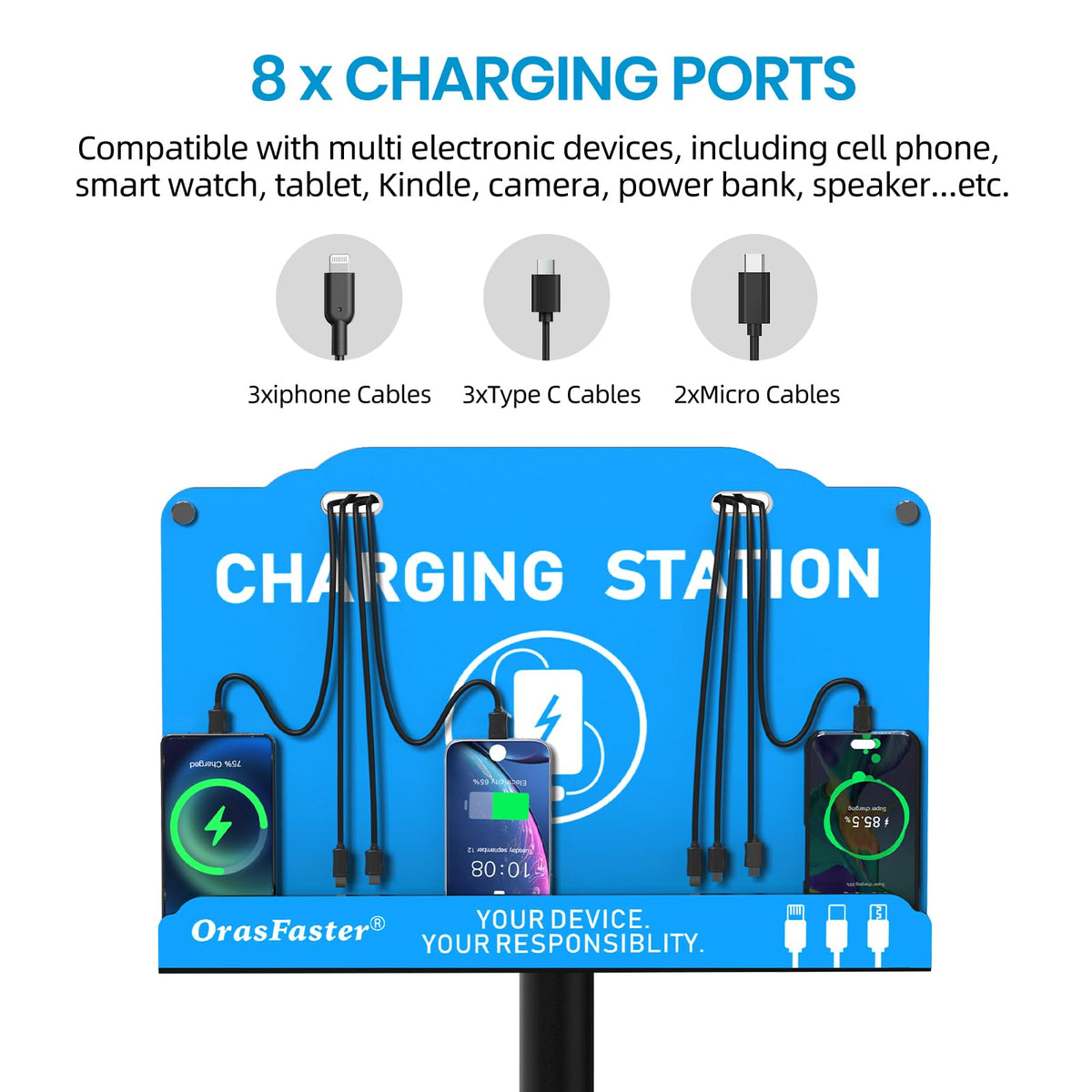 Floor Standing Cell Phone Charging Station Multi-Device Station with 8 Charger Ports Compatible with Smartphones Tablets Application for Schools, Office, Shopping Malls