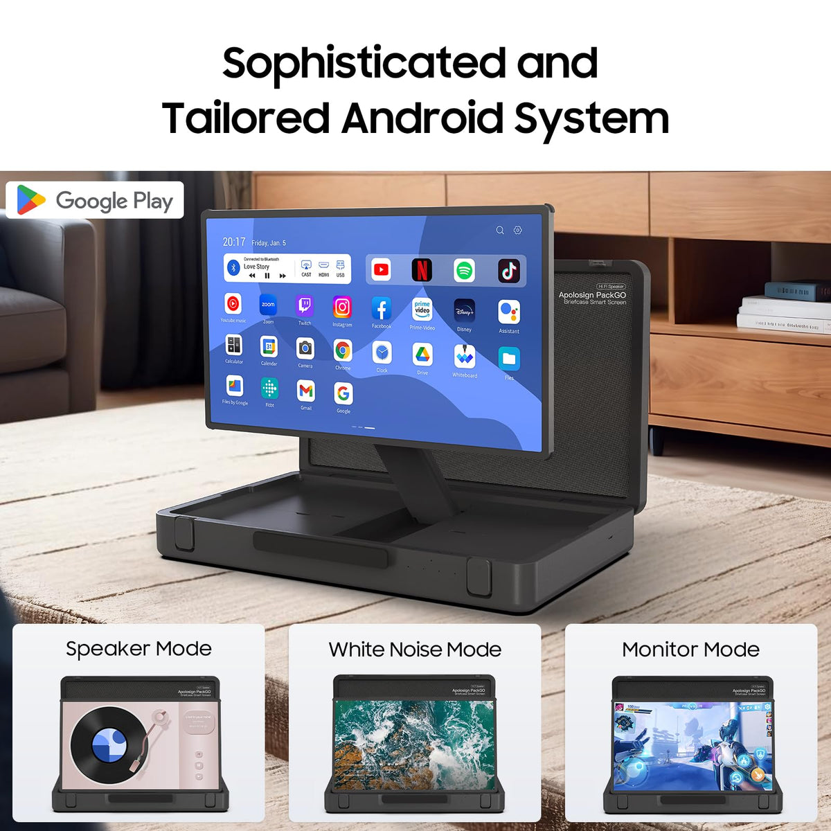 apolosign packgo 27-Inch Portable Entertainment System, Compact Suitcase Design Smart TV, Android OS, Bluetooth 3D Speakers, Built-in Battery 6H, Briefcase Screen Perfect for Travel & Parties (Gray)