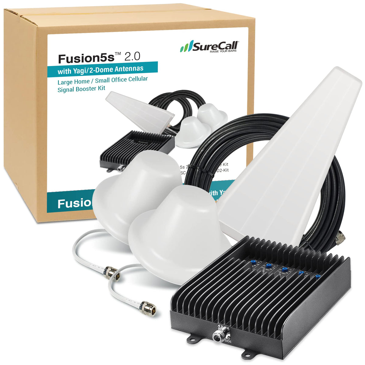 SureCall Fusion5s 2.0 Cell Phone Signal Booster for Home & Office up to 10000 sq ft, Yagi 2 Dome Antennas, Multi-User 4G/5G Boosts Verizon, AT&T, Sprint, T-Mobile, FCC Approved, USA Company
