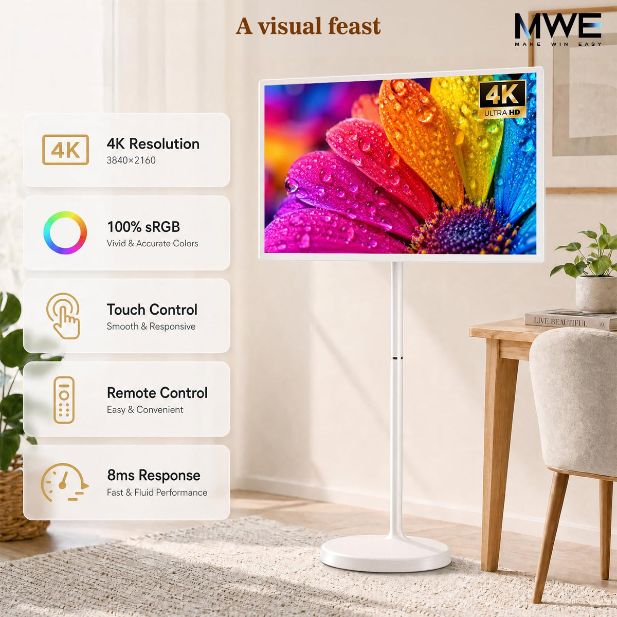 Zarael 43 Inch Smart Portable TV, 4K Touchscreen Display with Built-in 20000mAh Battery, Android 14, 8GB RAM 128GB Storage, WiFi and Bluetooth, for Home Entertainment and Workouts