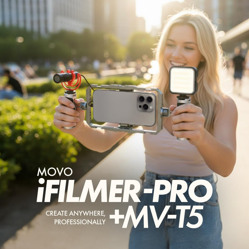 Movo iFilmer-PRO Smartphone Video Rig Kit – Stabilizer Cage with Dual Grips, VXR10 Shotgun Microphone, LED Light, & Tripod for iPhone/Android