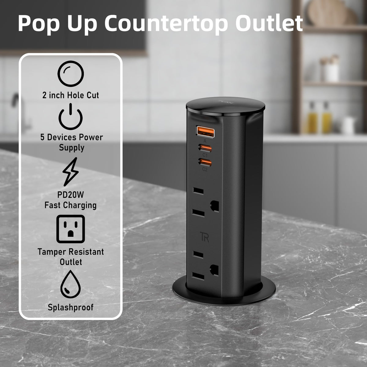 ANNQUAN 2" Pop Up Outlet for Countertop 20W USB Ports 2 Outlet 2PCS Black