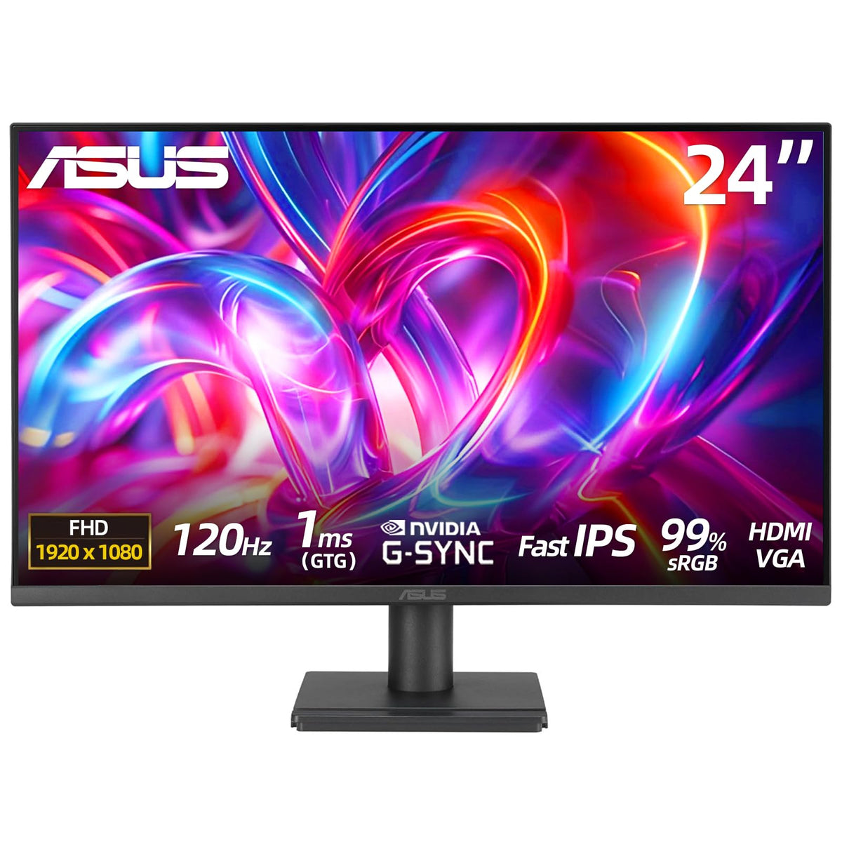 ASUS 24 inch Monitor, FHD(1920x 1080), 120Hz, 1ms, Adaptive-Sync, 99% sRGB, Anti-Glare, Eye Care, VESA Mountable, Speakers, HDMI, VGA, Frameless, Tilt Adjust, Black, for Office and Gaming