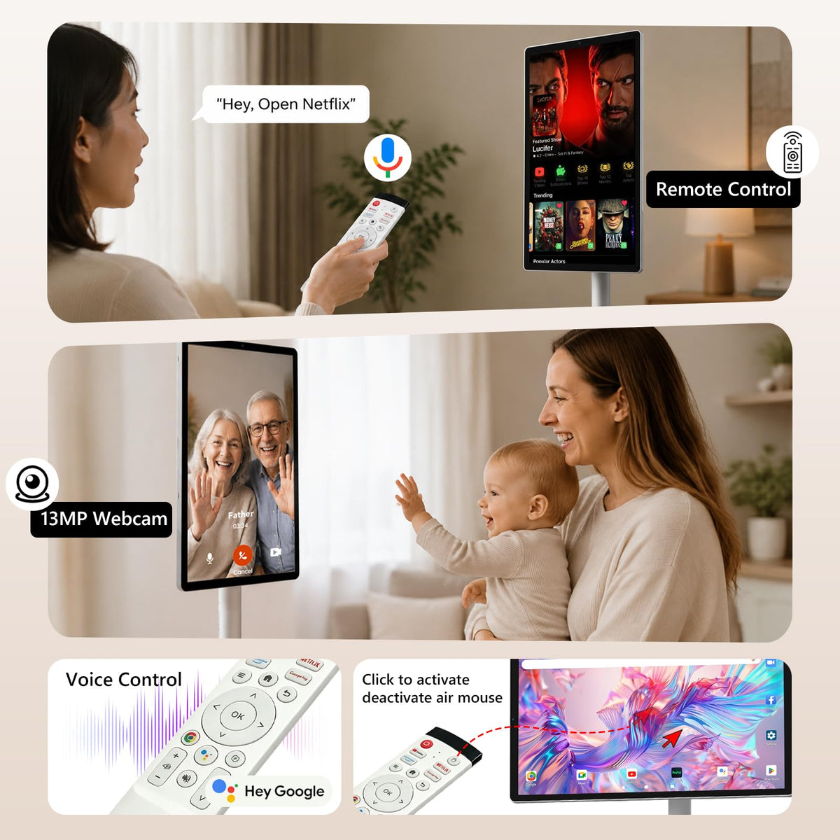 OFD 21.5" Gen2 Portable TV on Wheels,Touchscreen & Rolling Stand,Android 15