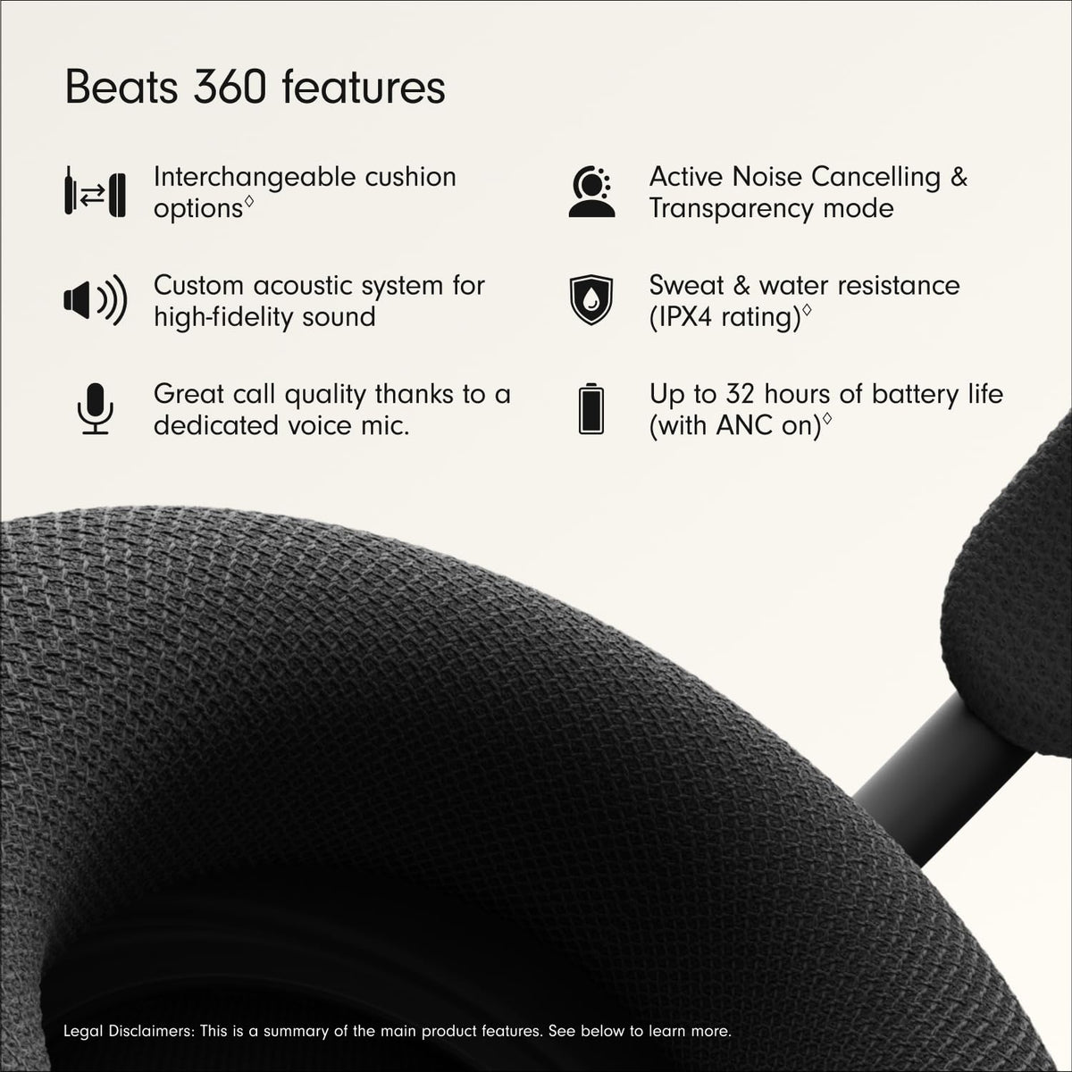 Beats 360 — Over-Ear Headphones with Interchangeable Cushions, Sweat & Water Resistance and Noise Cancellation — Black with Black Performance Knit Cushions