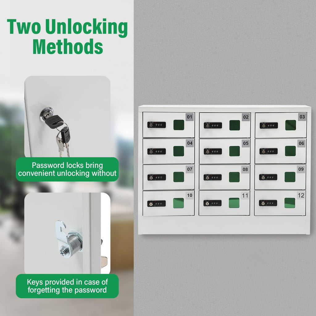12 Slots Cellphone Locker, Cellphone Locker with Combination Lock Phones Storage Pocket Cellphone Charging Station with 3 in 1 Charging Ports for Schools, Gyms, Employee Cabinets