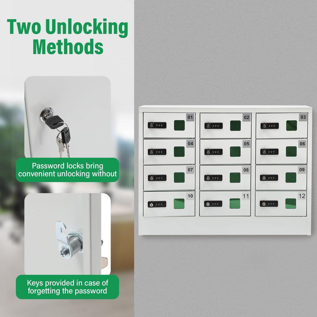 12 Slots Cellphone Locker, Cellphone Locker with Combination Lock Phones Storage Pocket Cellphone Charging Station with 3 in 1 Charging Ports for Schools, Gyms, Employee Cabinets
