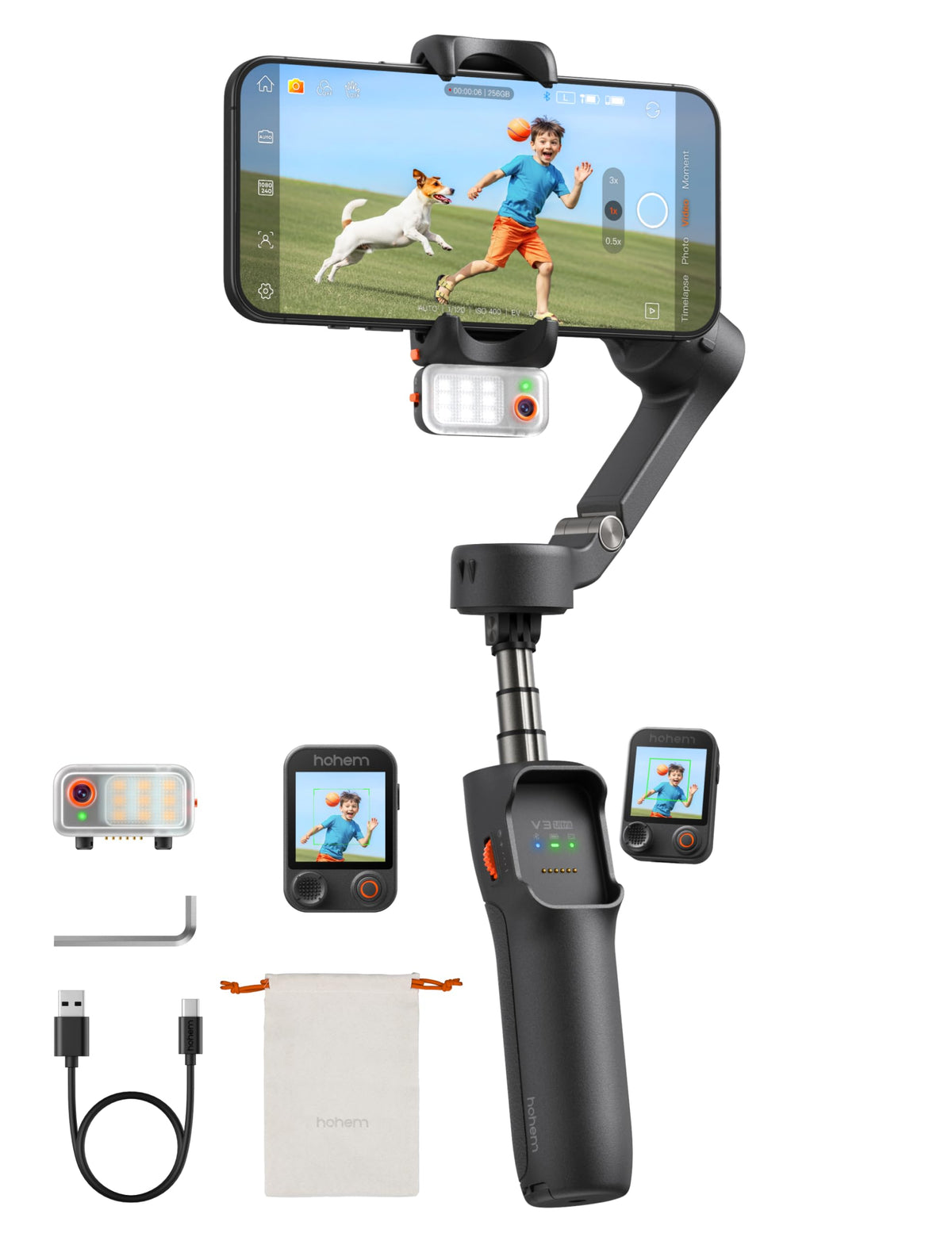 Hohem iSteady V3 Ultra Gimbal Stabilizer for Smartphone, AI Tracking Phone Gimbal, 1.22" Touchscreen Detachable Remote Control, Built-in Extension Rod & Tripod, 360° Infinite Pan, Vlog Filming, Black