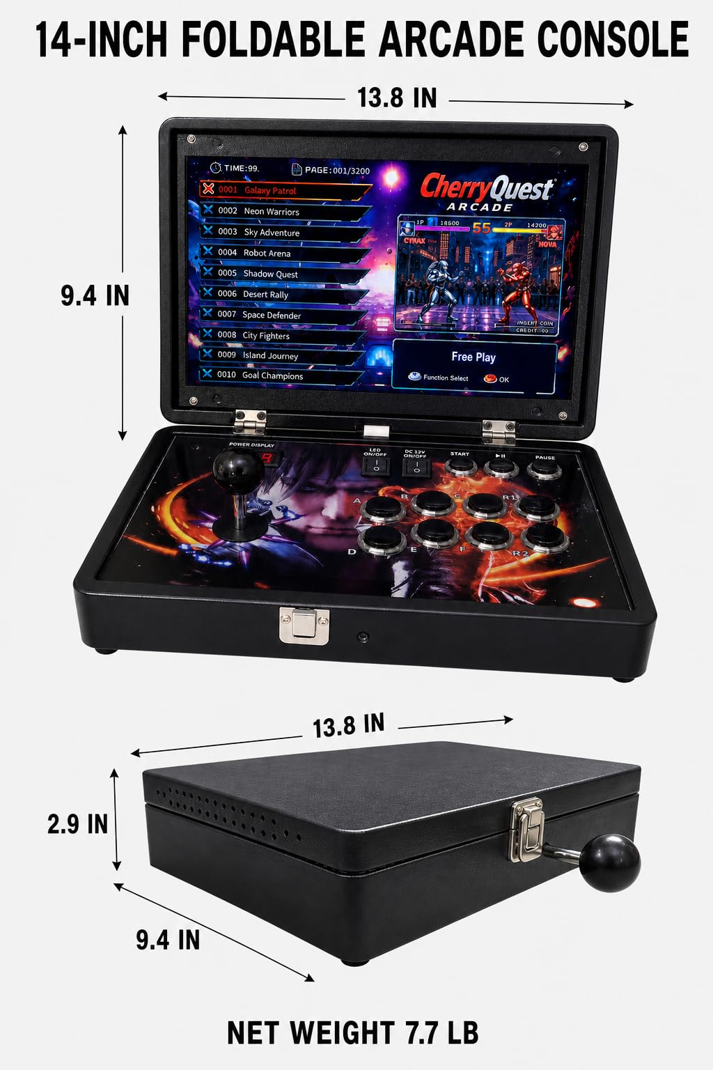 14-Inch HD Screen Foldable Portable Retro Arcade Console with 32,000 Games, TV Connection