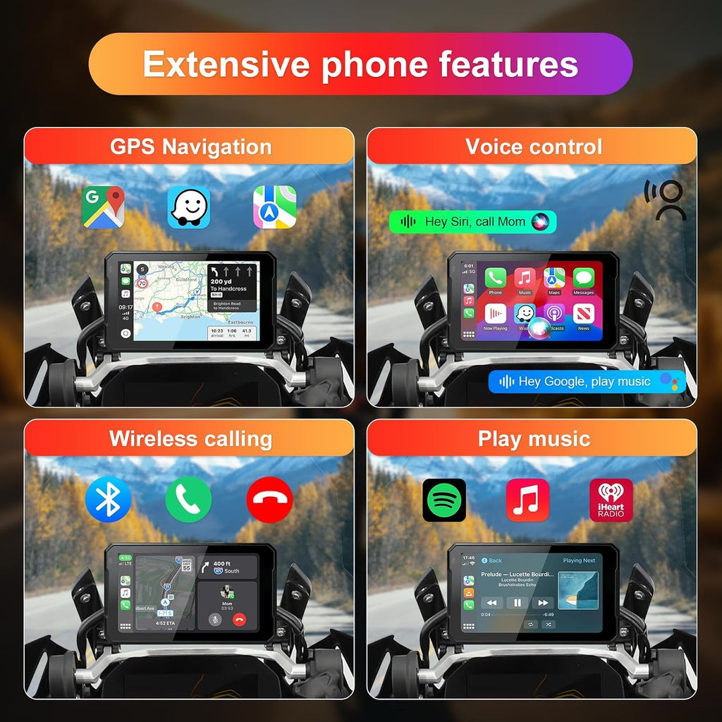 Motorcycle GPS CarPlay for BMW with Waterproof Touchscreen, 7" Portable Moto Radio Carplay/Android Auto， GPS Navigation for Motorbike, Dual Bluetooth, Native Wonder Wheel Control, Data Reading, TPMS