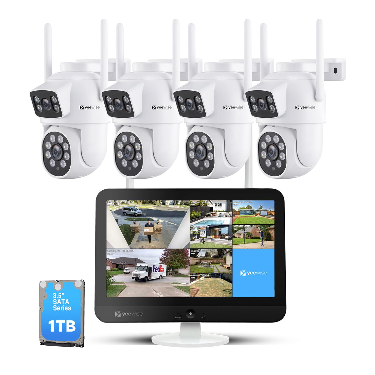 Yeewise Dual-Lens PTZ Security Camera System with 12" Monitor