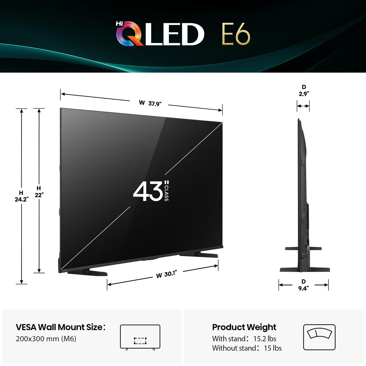 Hisense 43" E6 Cinema Series Hi-QLED 4K UHD Smart Fire TV (43E6QF) - AI Light Sensor, Dolby Vision · Atmos, Voice Remote with Alexa, Motion Rate 120, HDR 10+ Adaptive, Game Mode Plus