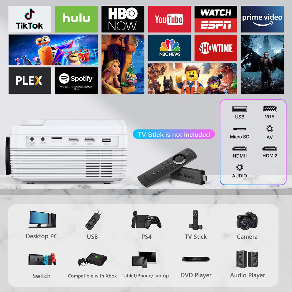 Full HD WiFi Bluetooth Projector Built in DVD Player, Native 1080P Supported, Portable Mini DVD Projector for Outdoor Movies, 250" Home Theater, Compatible with iOS/Android/TV Stick/PS4/HDMI/USB/TF