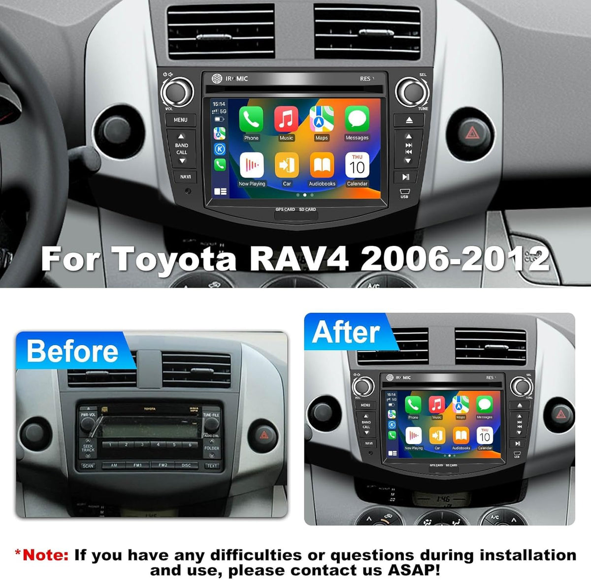 Car Radio for Toyota RAV4 2006-2012 7" QLED IPS CarPlay Android Auto Stereo DVD Player GPS Navigation with Bluetooth SWC 4G/WiFi FM/AM RDS (Octa-core CPU, 6GB RAM+128GB ROM)