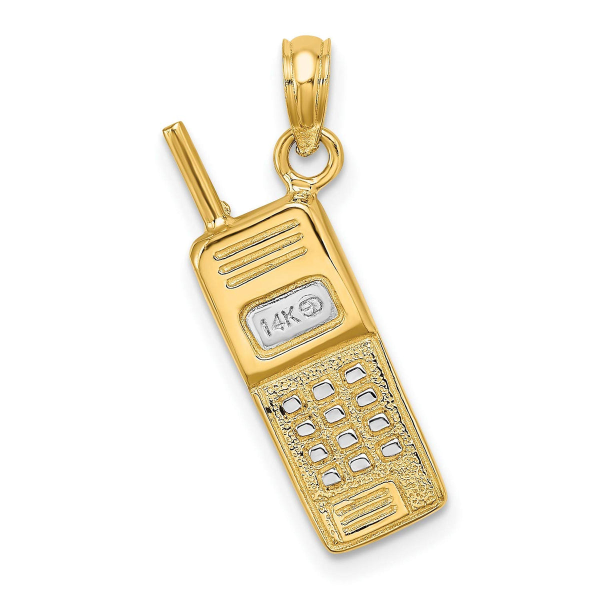 14k Yellow Gold Retro Cell Phone Pendant in Rhodium Two Tone Finish, Unisex Tech Jewelry Charm with Detailed Old School Design, Statement Hip Hop Accessory for Vintage 90s Style Enthusiasts