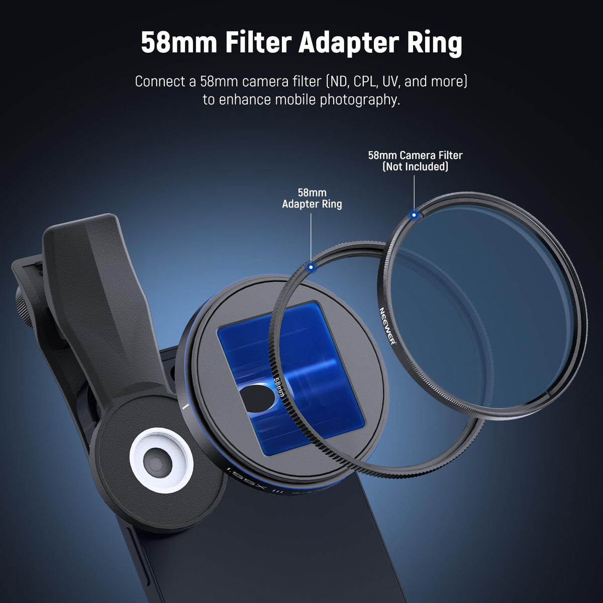 NEEWER 1.55x Blue Anamorphic Lens Compatible with iPhone Android Samsung, Phone Camera Accessories with 17mm Threaded Lens Clip & 58mm Filter Adapter Ring, Cinematic Wide Screen Effect, LS-43 Ultra