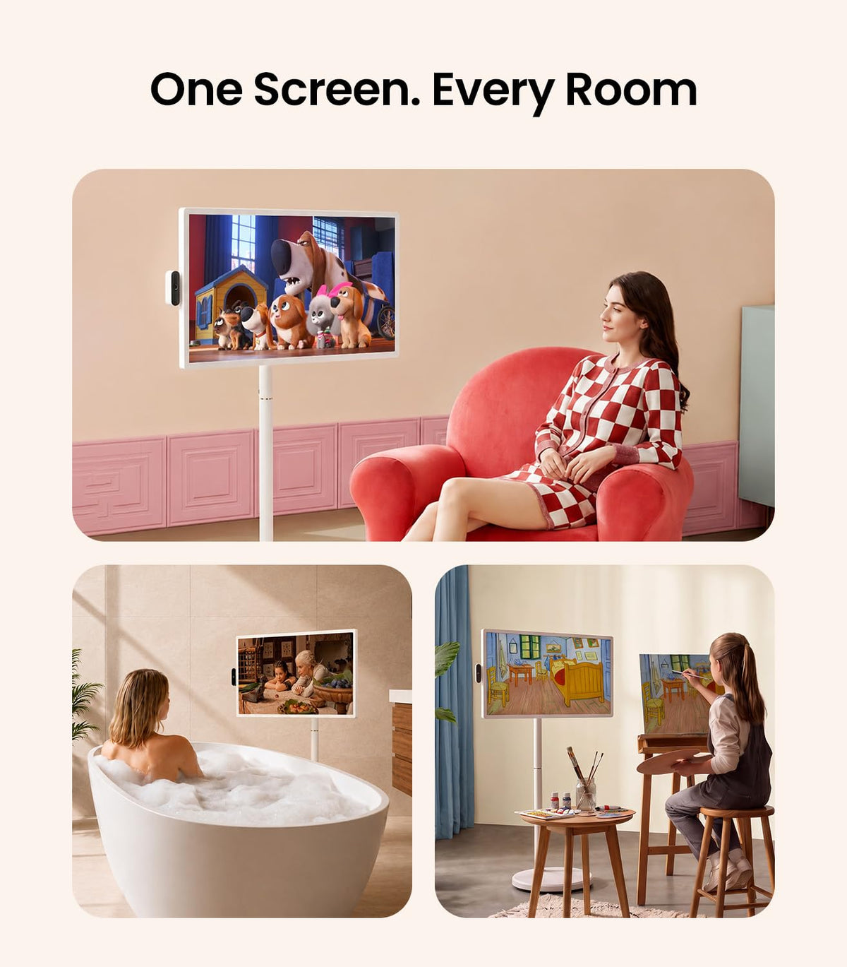 ApoloSign 32 Inch FHD Smart Portable TV on Wheels, Android 16 EDLA Certified, 128GB Storage, Built-in 15000mAh Battery, Voice Remote, Touch Screen TV with Rolling Stand for Home, Office - Gen2